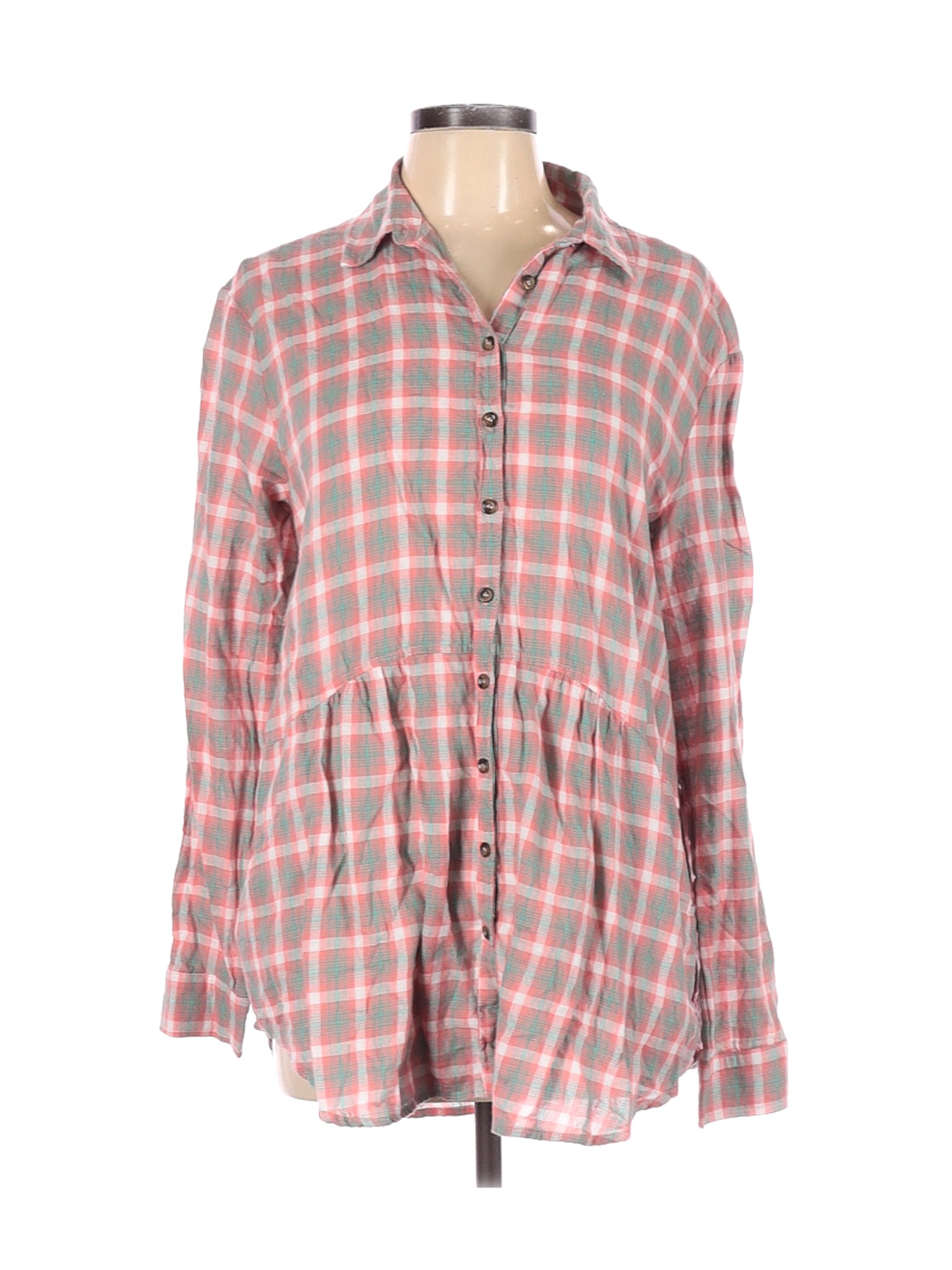 womens red button down shirt