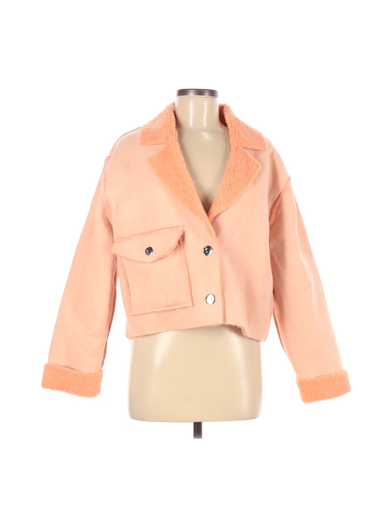 Zara 100 Polyester Solid Pink Orange Faux Leather Jacket Size M 53
