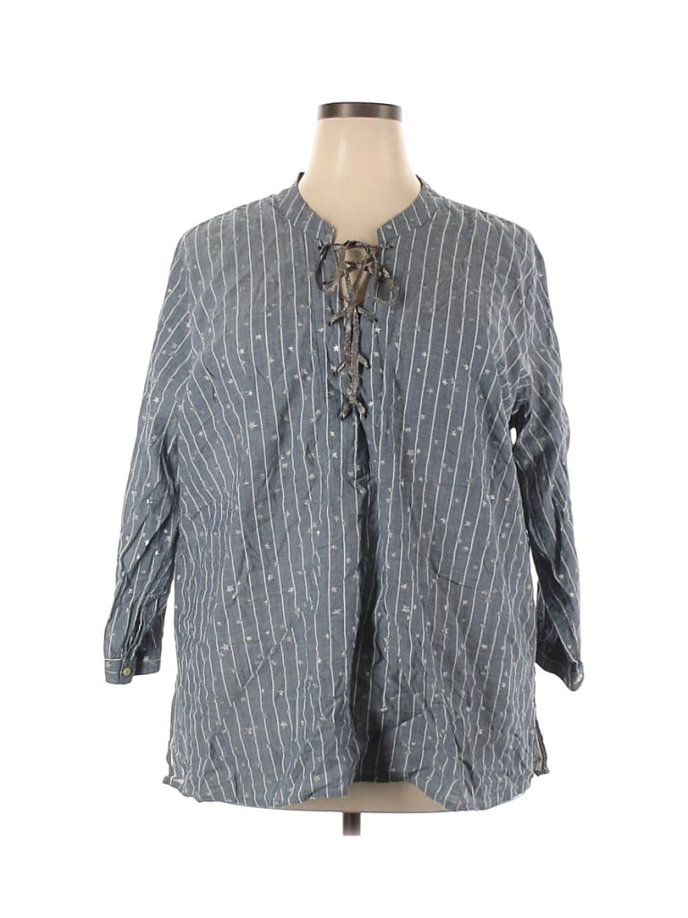 Johnny Was Stripes Gray Blue Long Sleeve Blouse Size 2X (Plus) - 79% ...