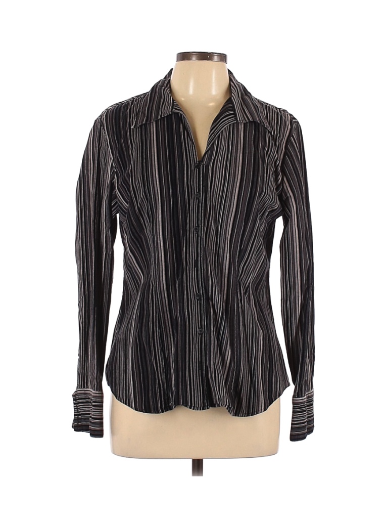 Harve Benard 100% Cotton Stripes Black Gray Long Sleeve Button-Down ...
