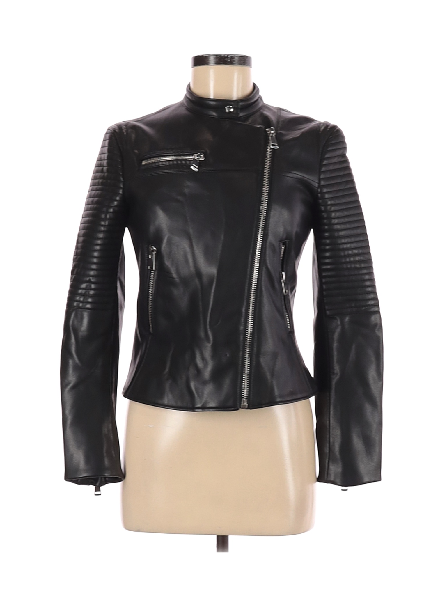 Zara Basic 100% Polyester Solid Black Faux Leather Jacket Size M - 75% ...