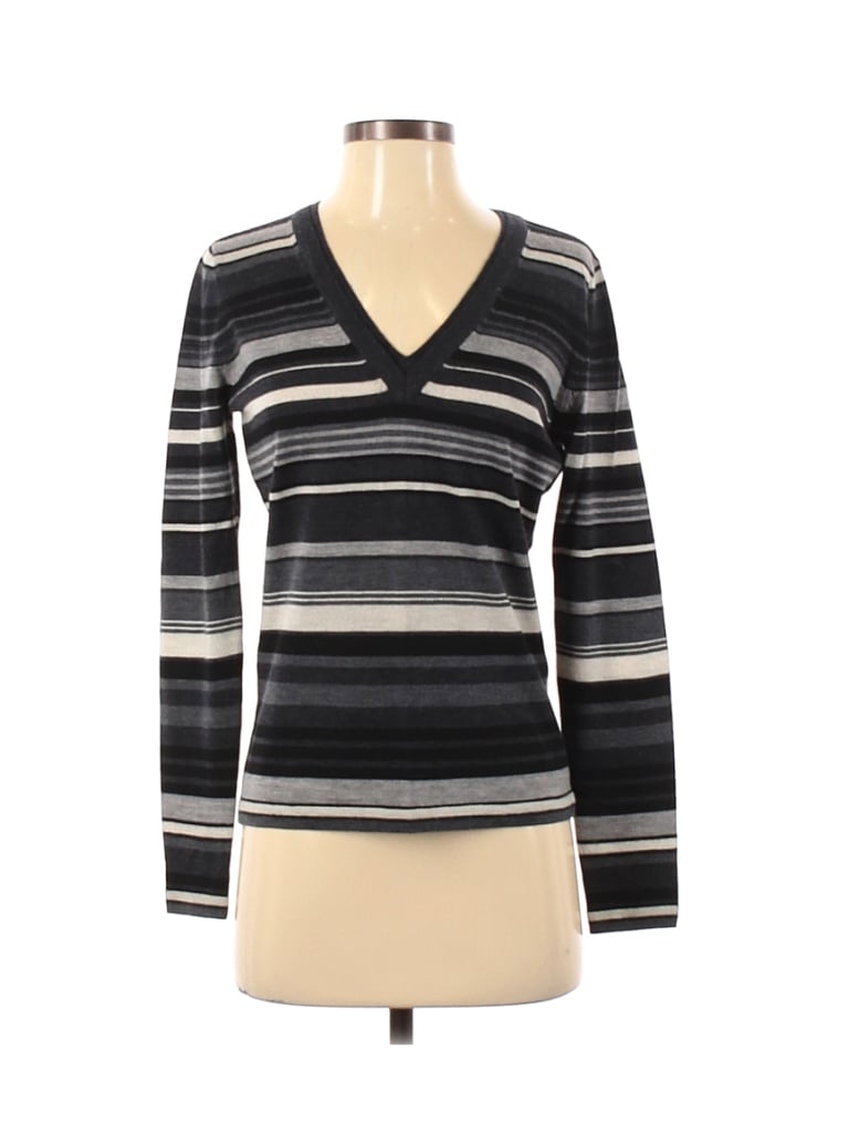 Talbots 100% Merino Wool Stripes Black Gray Wool Pullover Sweater Size ...
