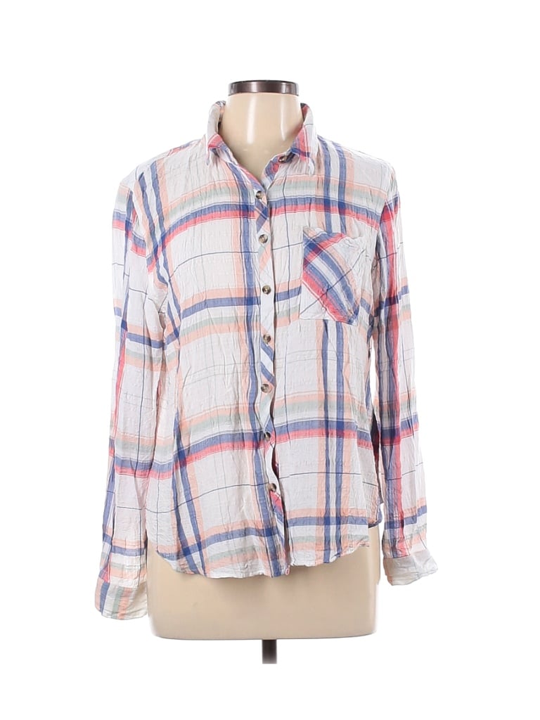 Maurices 100% Rayon Plaid White Long Sleeve Button-Down Shirt Size L ...