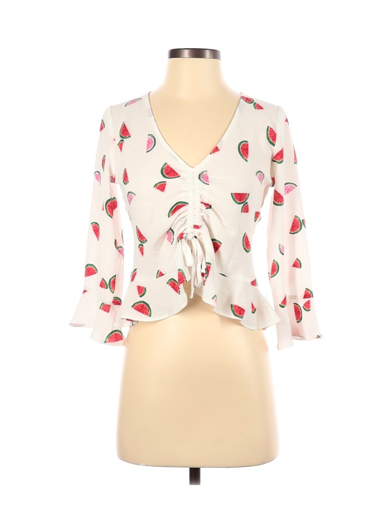 Timing 100 Rayon Floral White Red Long Sleeve Blouse Size S 58 off