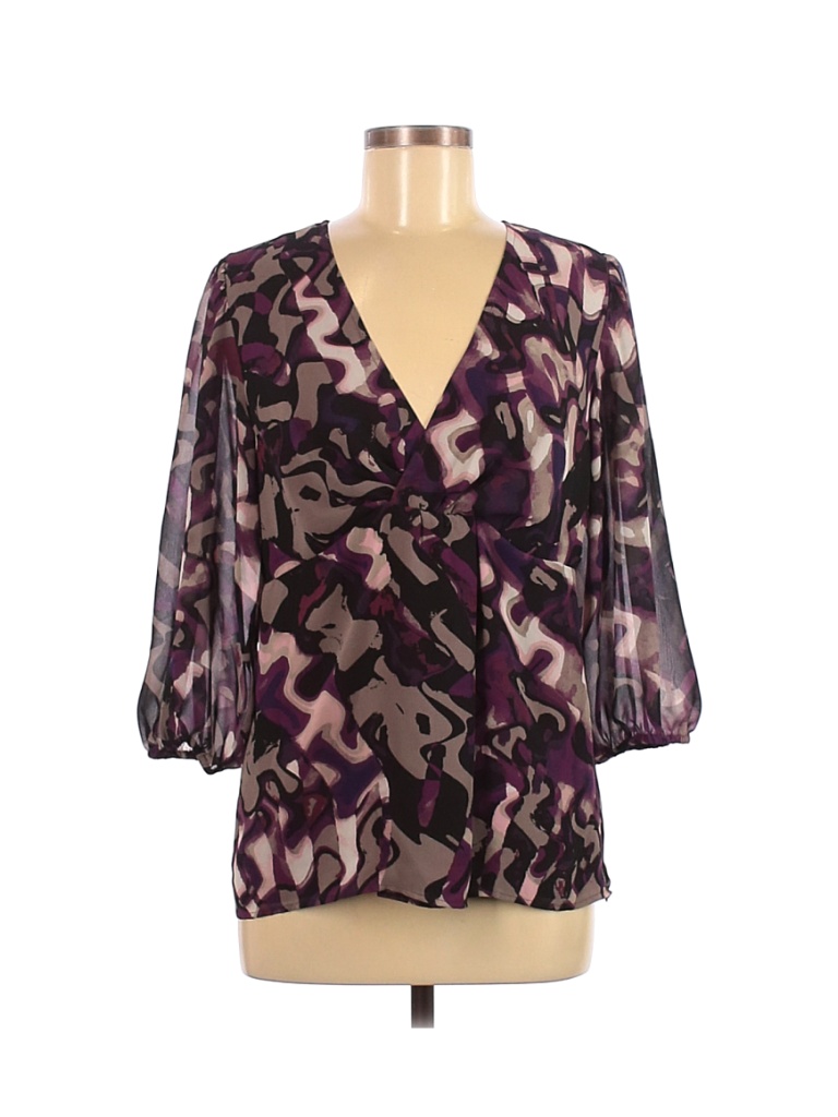 Ann Taylor Factory 100% Polyester Floral Purple Long Sleeve Blouse Size ...