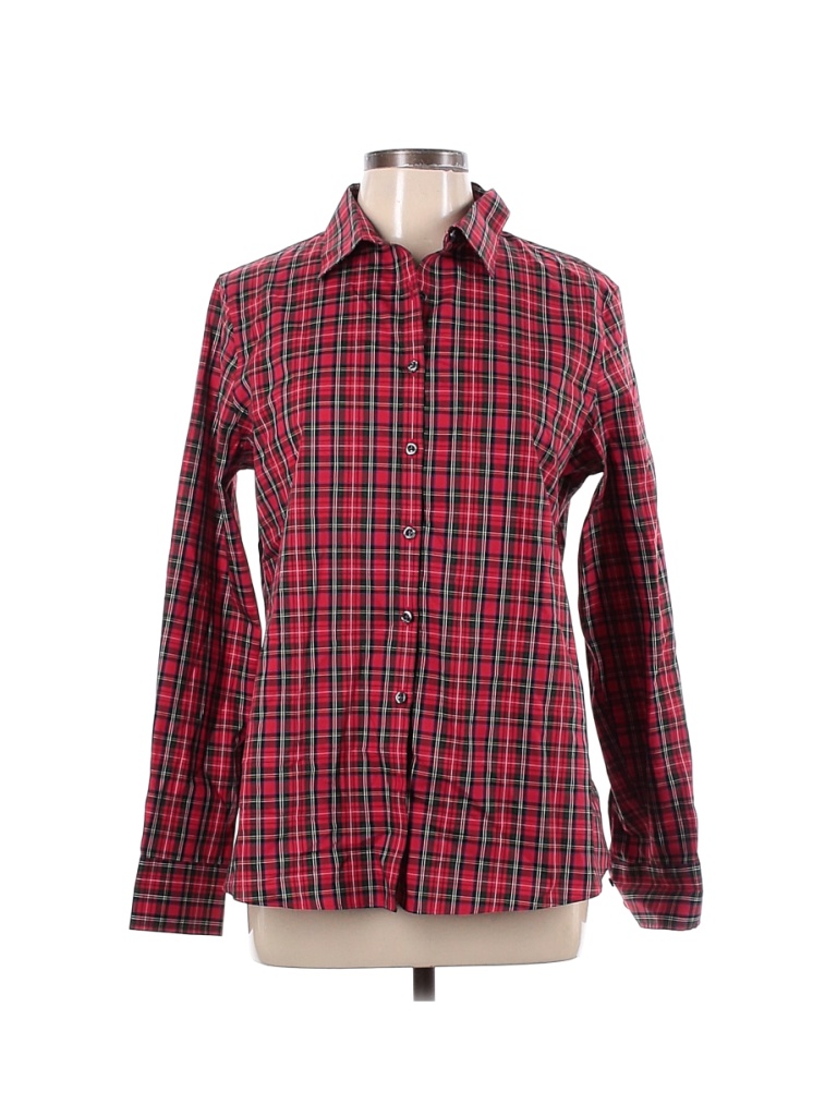 Lands' End 100% Cotton Plaid Red Long Sleeve Button-Down Shirt Size 12 ...