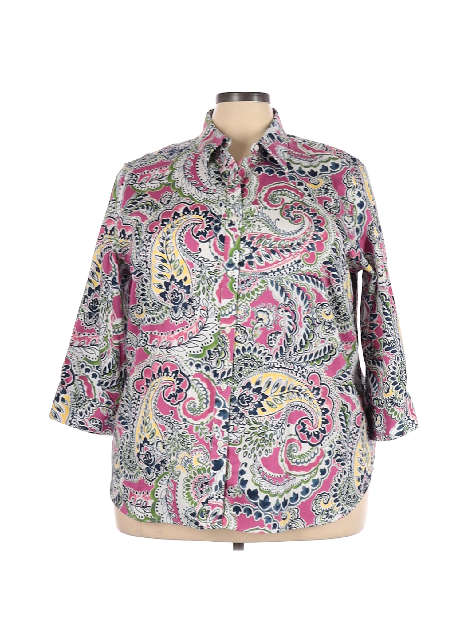 Chaps 100% Cotton Paisley Pink 3/4 Sleeve Button-Down Shirt Size 3X ...