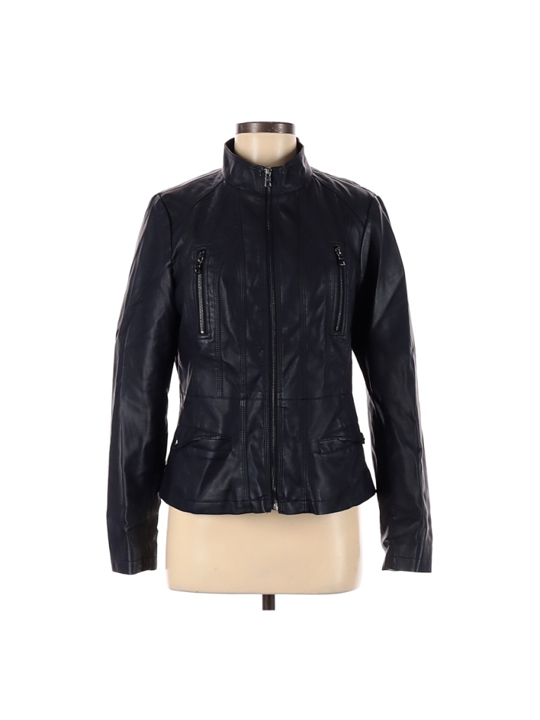Roz & Ali Solid Black Blue Faux Leather Jacket Size M - 67% off | thredUP
