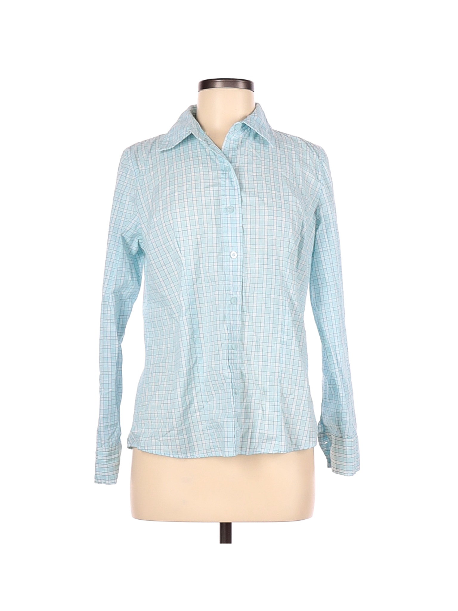 Basic Editions Checkered-gingham Blue Long Sleeve Button-Down Shirt ...