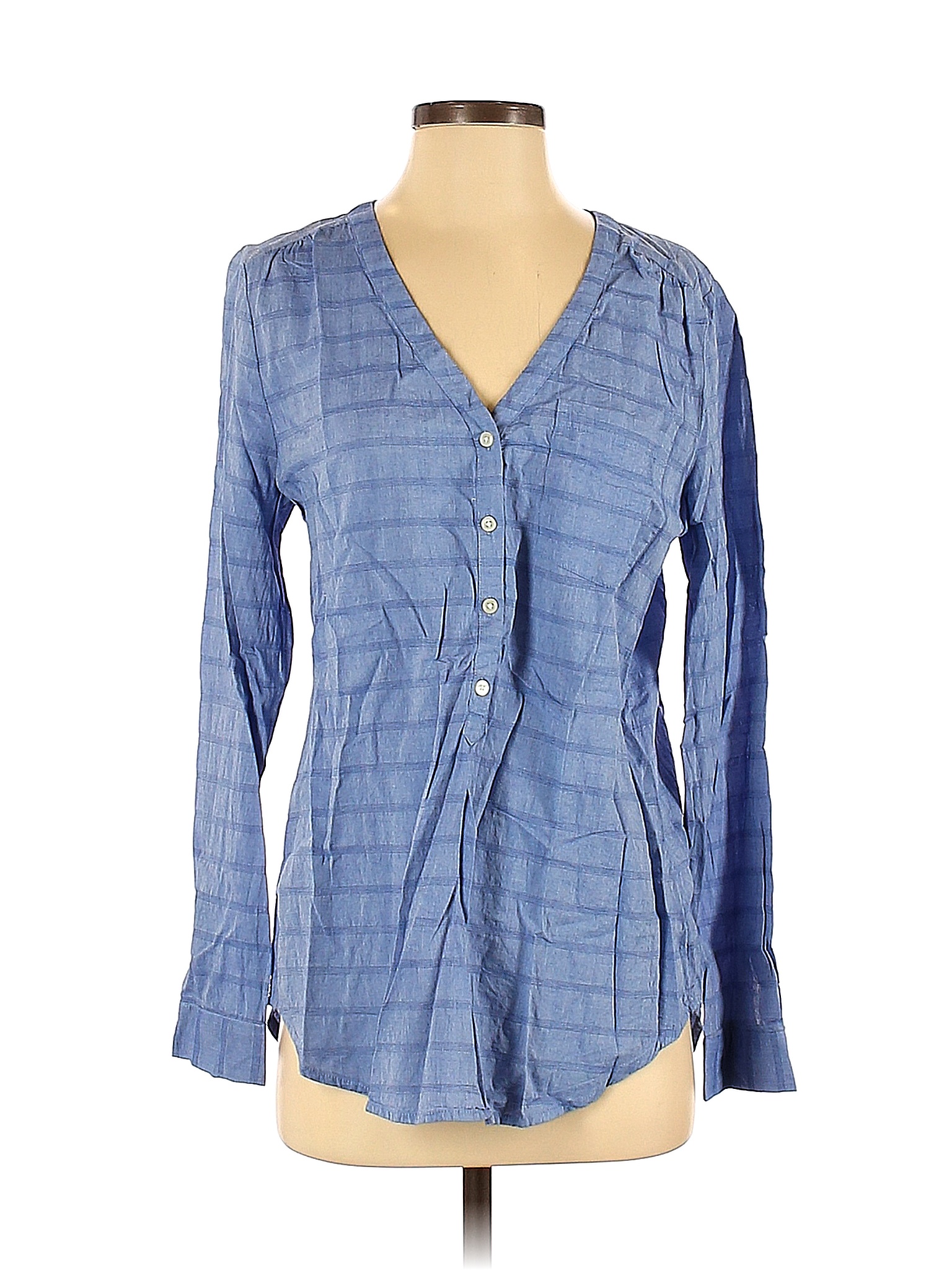 Old Navy 100 Cotton Checkered Gingham Blue Long Sleeve Blouse Size M