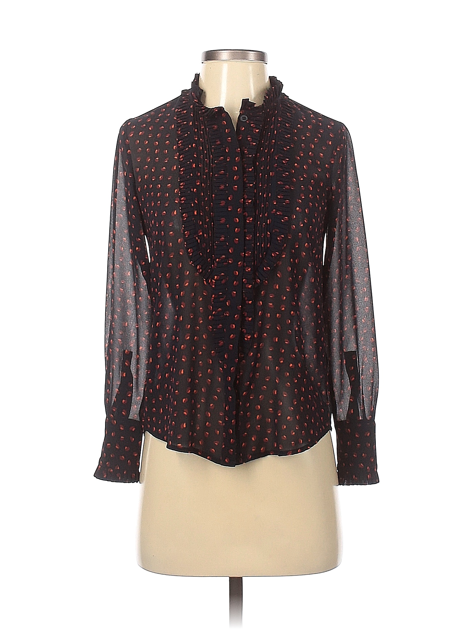 Ann Taylor 100 Polyester Polka Dots Black Blue Long Sleeve Blouse Size