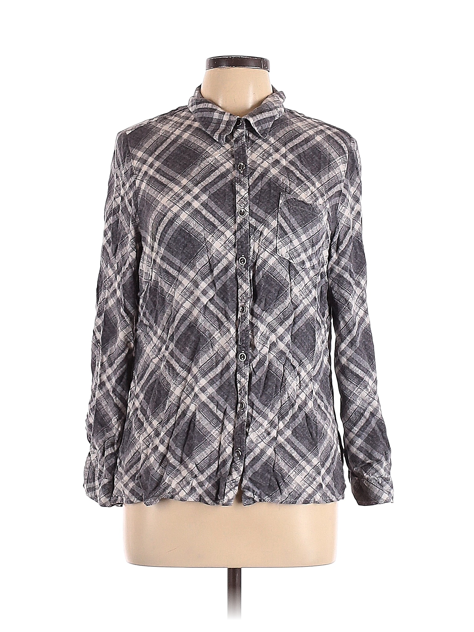 C established 1946 100% Rayon Plaid Gray Long Sleeve Button-Down Shirt ...