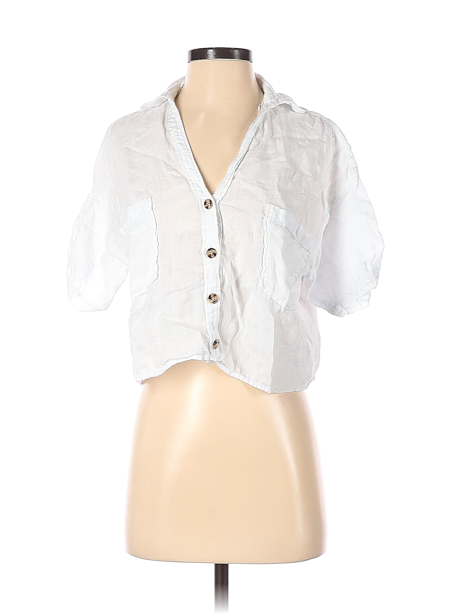 Zara 100 Linen Solid White Short Sleeve ButtonDown Shirt Size XS 61