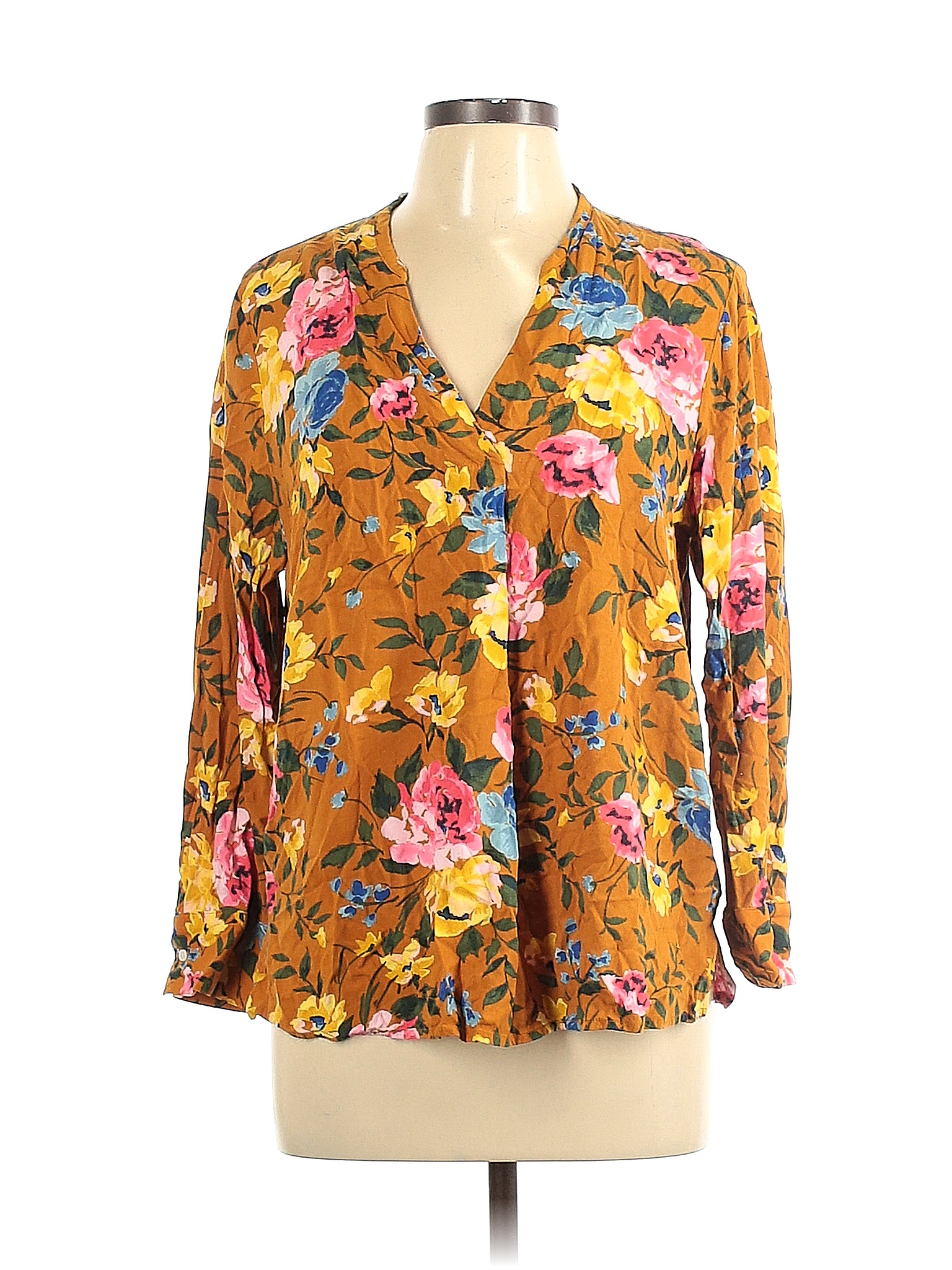 Old Navy Floral Yellow Tan Long Sleeve Blouse Size L 84 Off Thredup