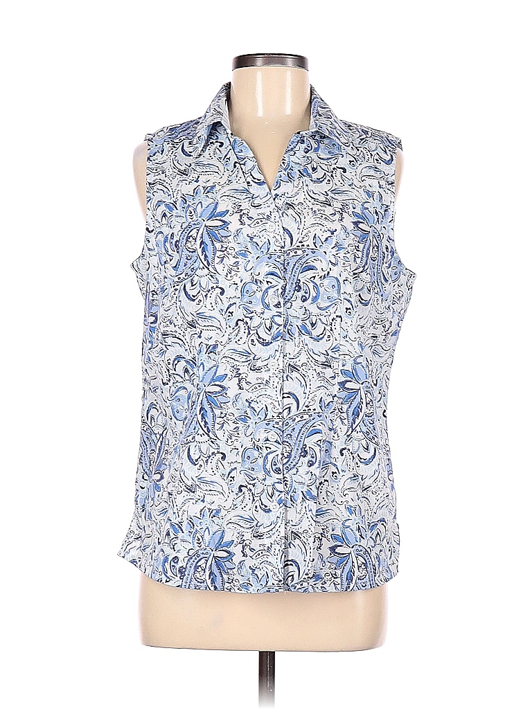 Basic Editions Floral Blue Sleeveless Button-Down Shirt Size M - 50% ...