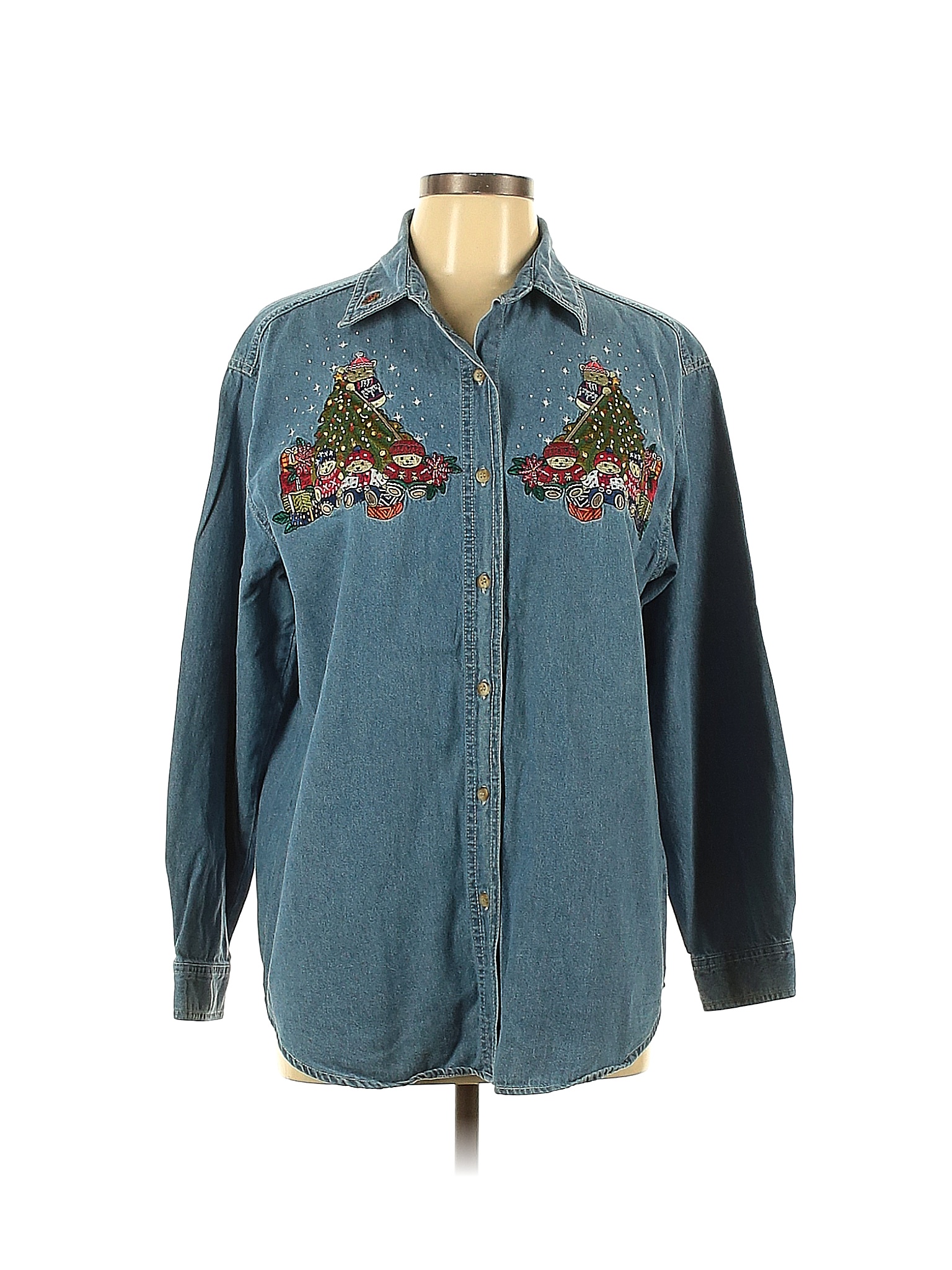 Bobbie Brooks 100 Cotton Solid Teal Blue Long Sleeve Button Down Shirt