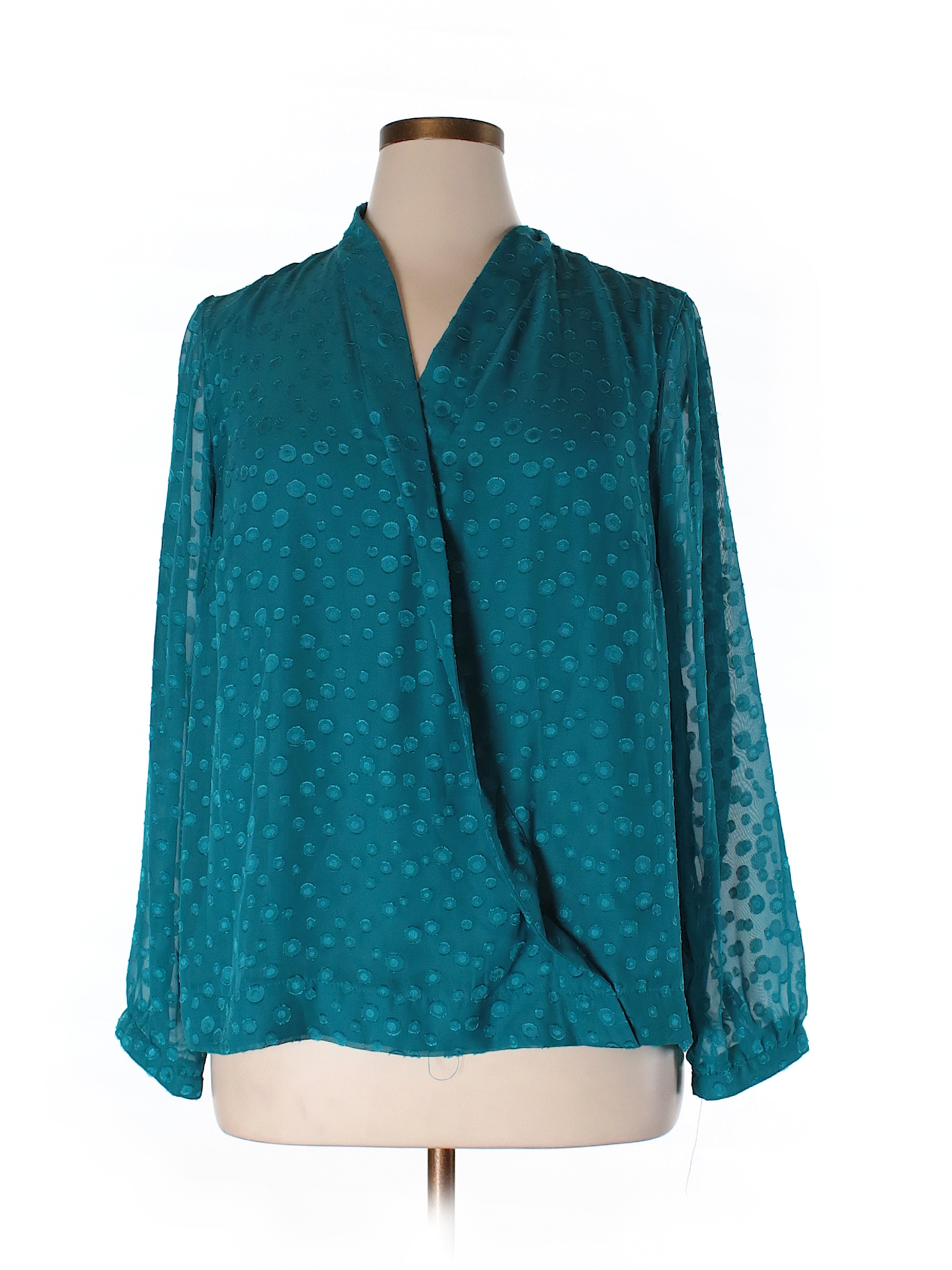 Cj Banks 100% Polyester Print Teal Long Sleeve Blouse Size 1X (Plus ...