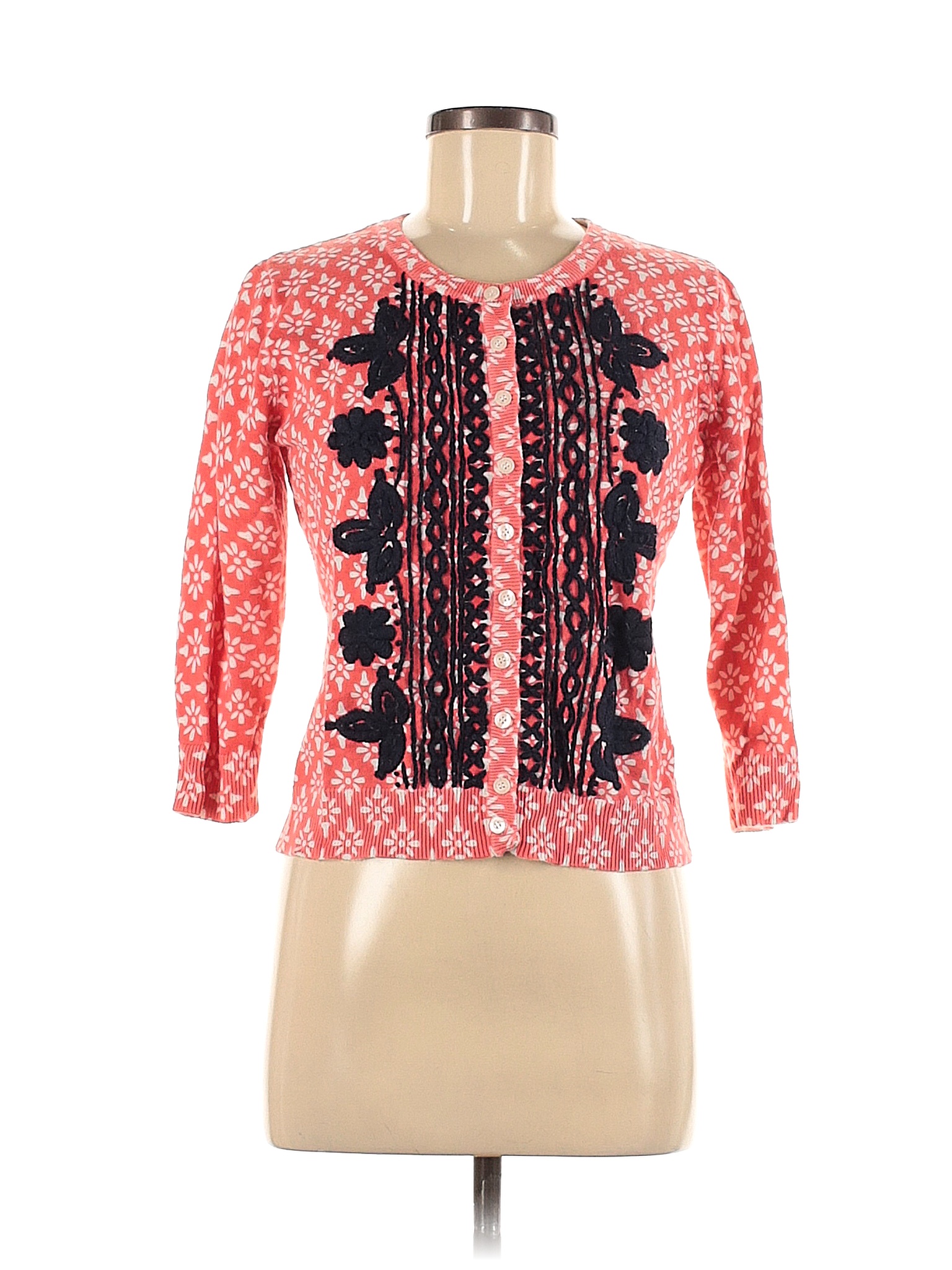 Sahalie 100 Cotton Color Block Floral Pink Orange Cardigan Size M 80