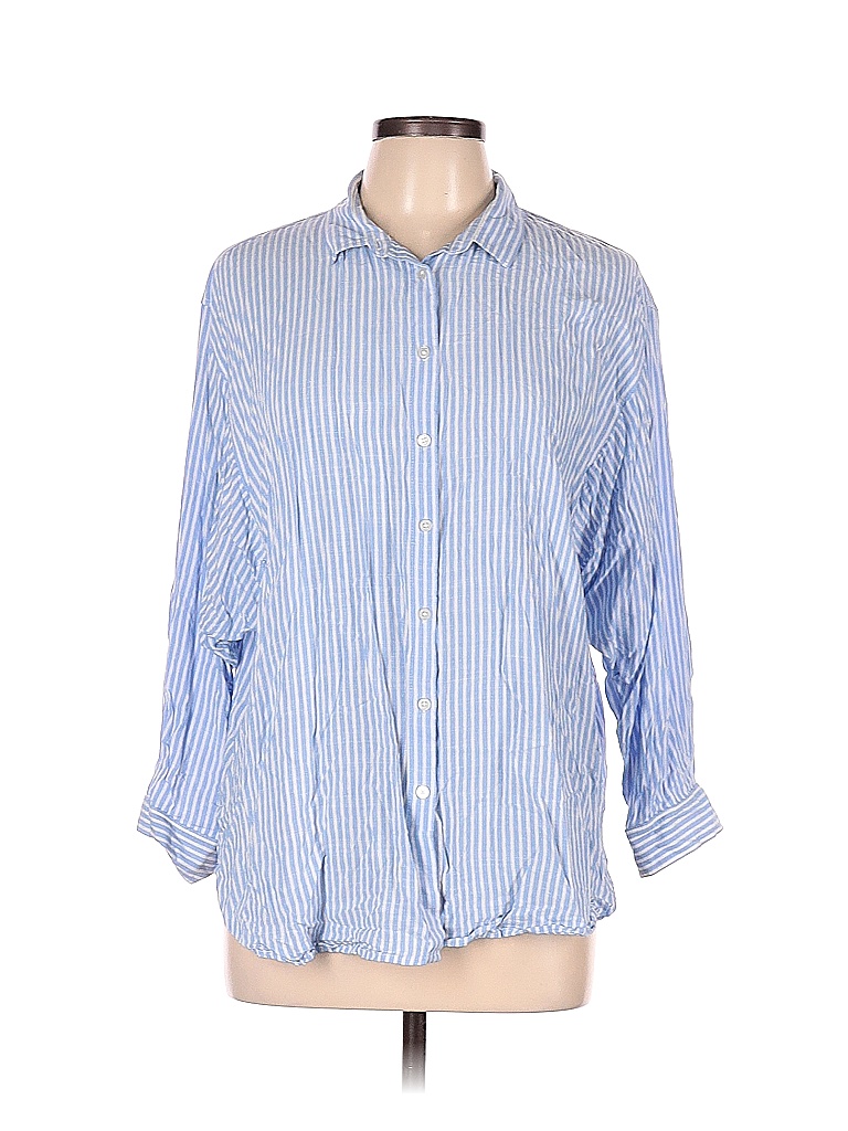 Ann Taylor LOFT 100% Rayon Blue Long Sleeve Button-Down Shirt Size L ...