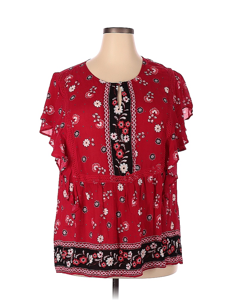 J Jill 100 Rayon Floral Red Short Sleeve Blouse Size 2x Plus 69