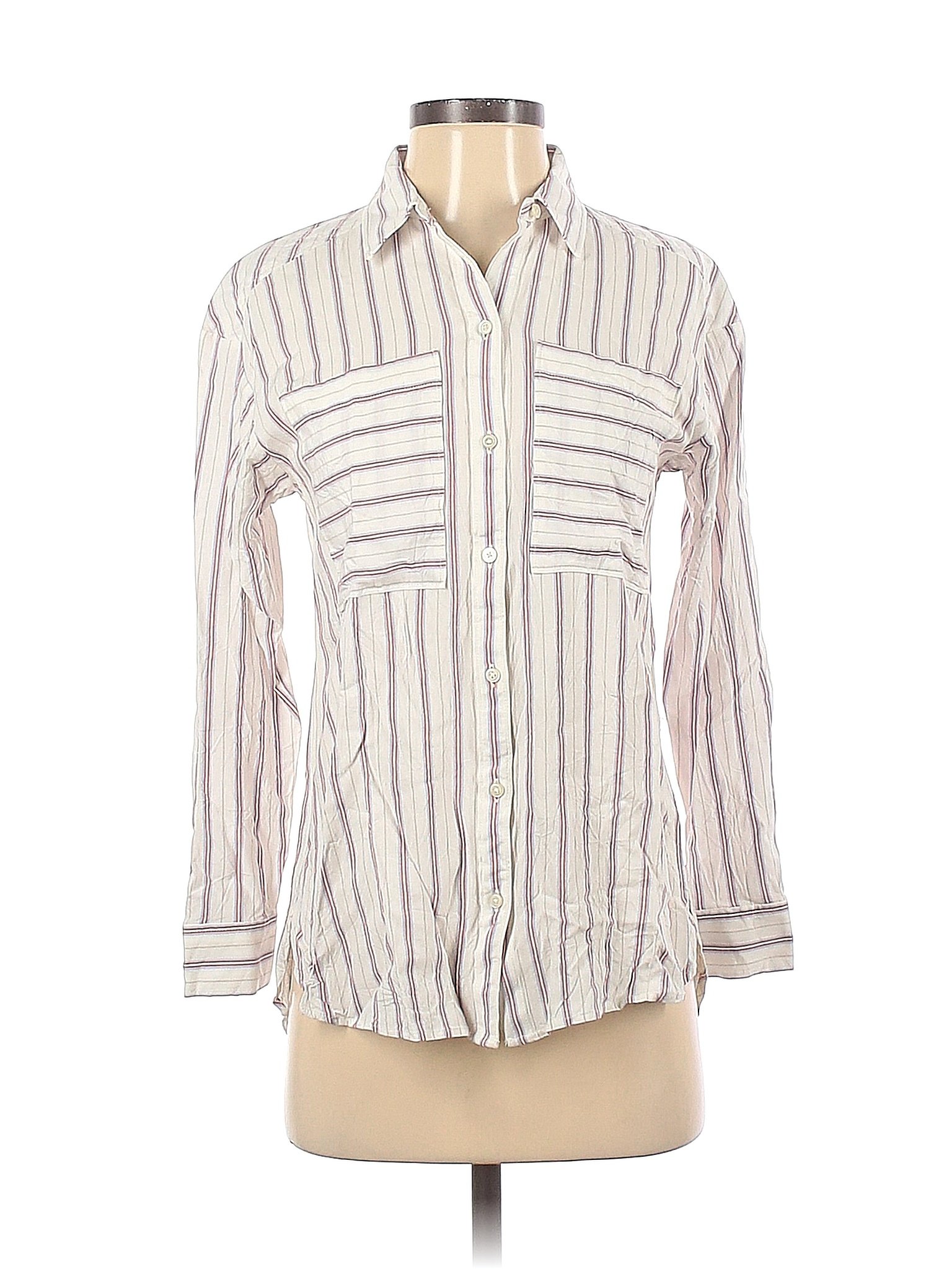 Ann Taylor LOFT 100% Rayon Stripes Ivory White Long Sleeve Button-Down ...