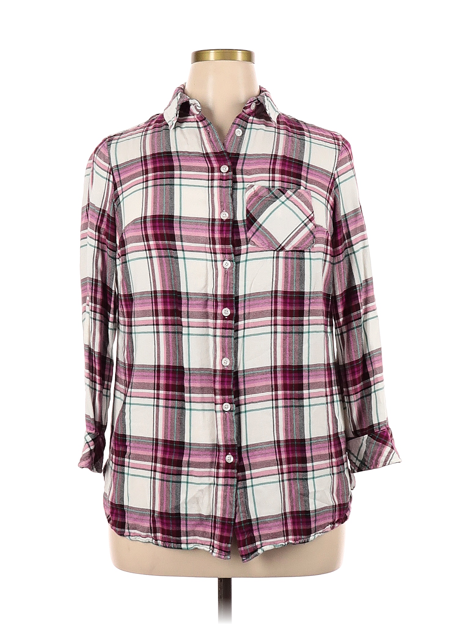 Ava & Viv 100% Rayon Plaid Pink Long Sleeve Button-Down Shirt Size 14 ...