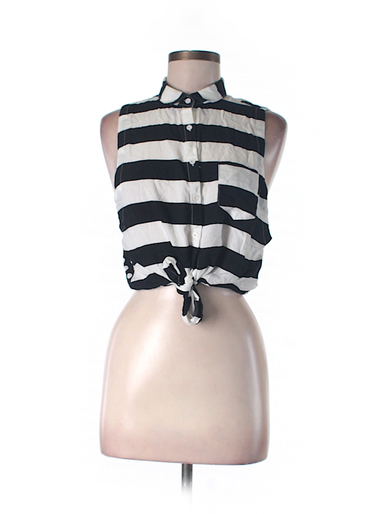 Millau 100% Rayon Polka Dots Stripes Black Sleeveless Button-Down Shirt ...