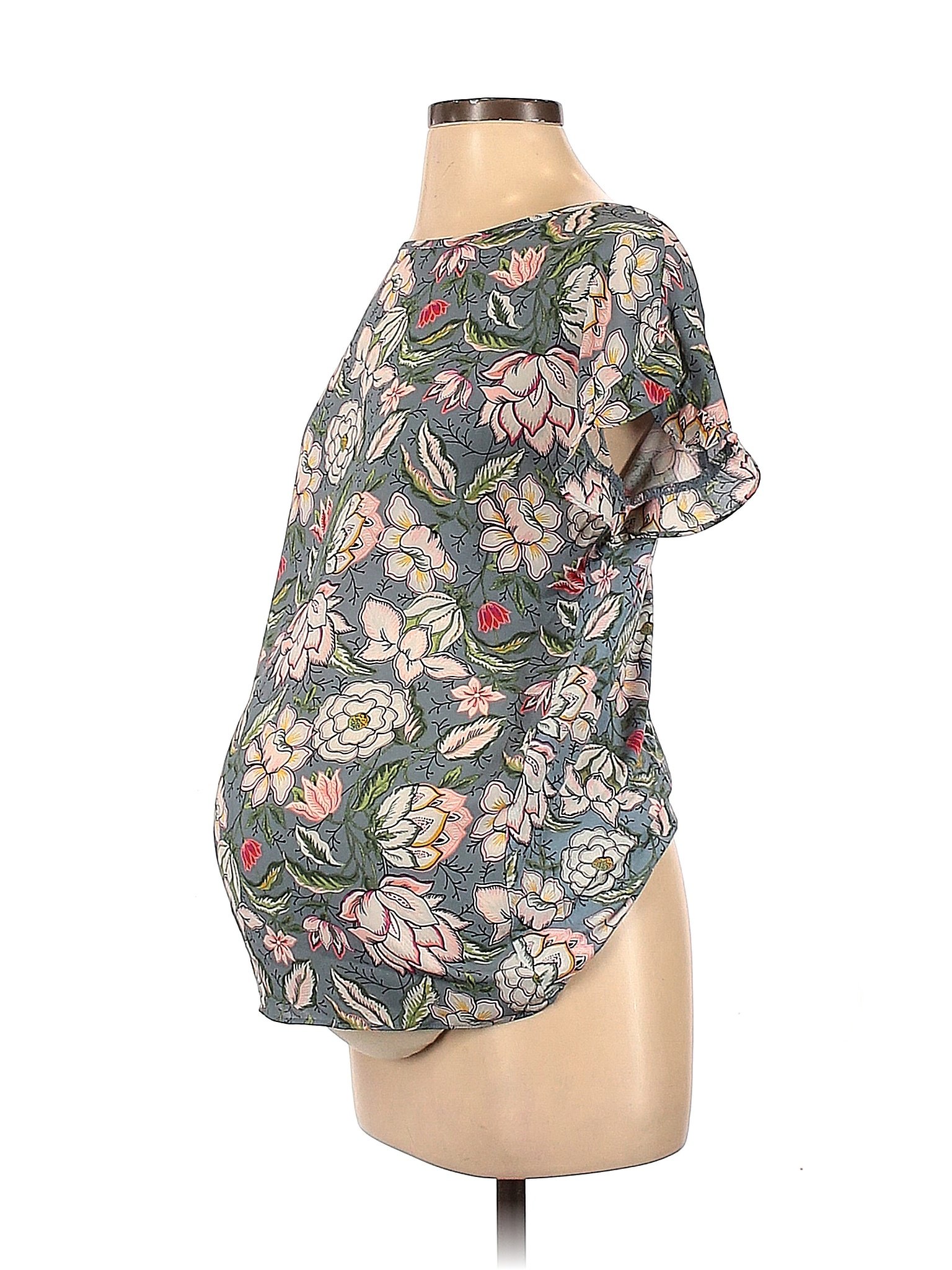 Ann Taylor Loft 100 Polyester Floral Blue Short Sleeve Blouse Size Xs