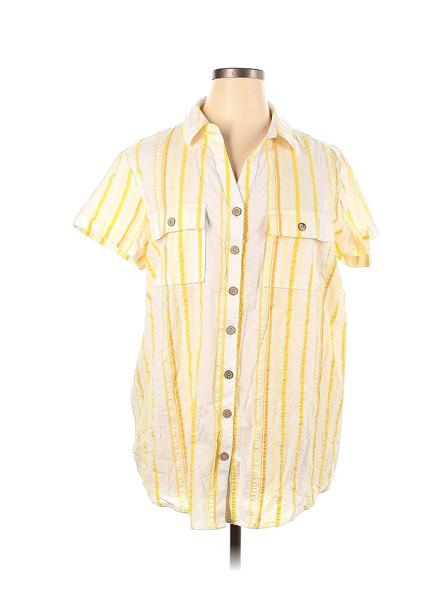 Roaman's 100% Cotton Stripes Yellow Short Sleeve Button-Down Shirt Size ...