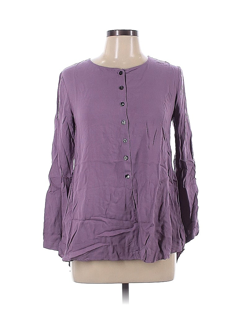 Logo By Lori Goldstein 100 Rayon Solid Purple Long Sleeve Button Down