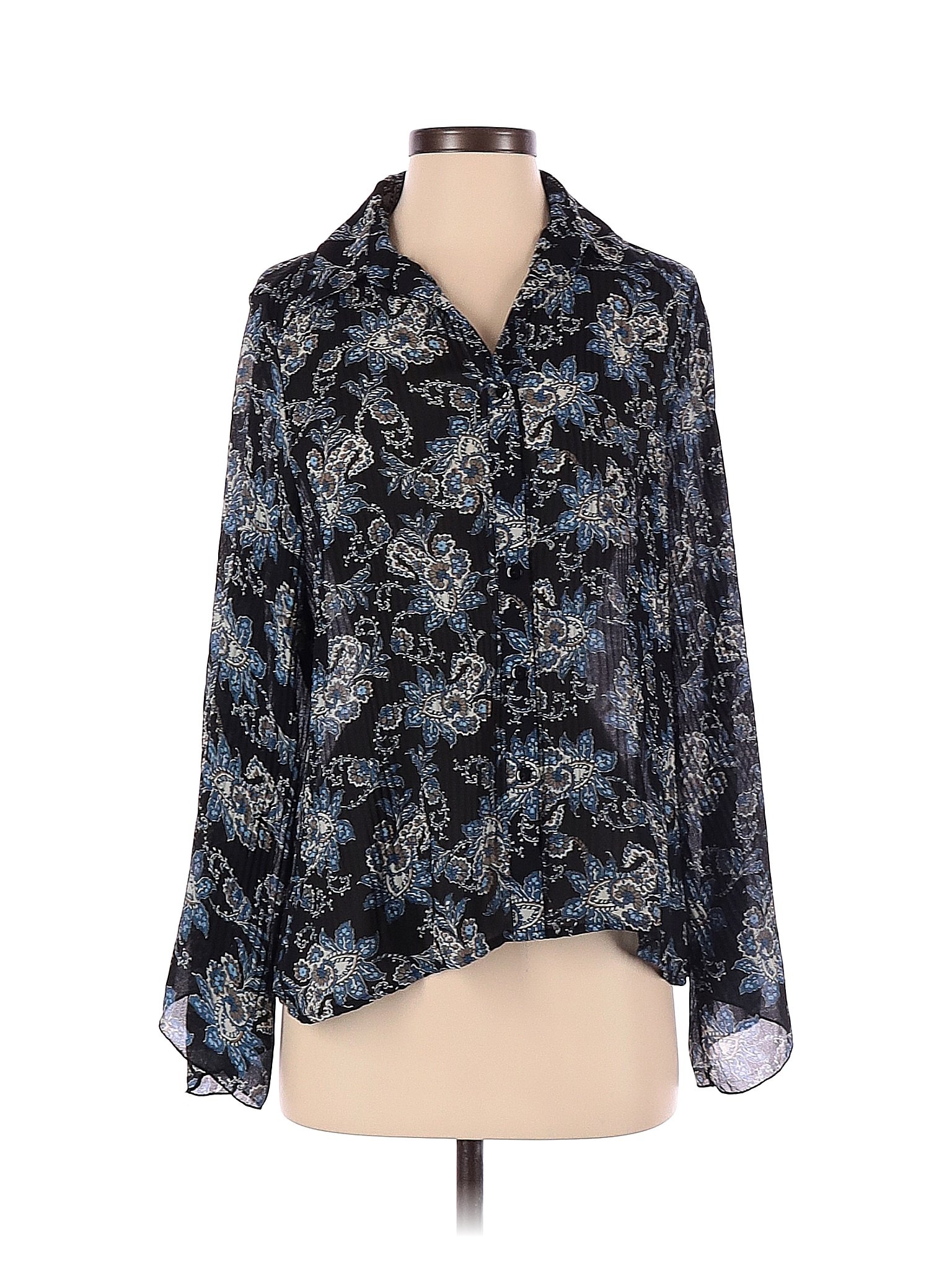 Notations 100% Polyester Paisley Multi Color Black Long Sleeve Blouse ...