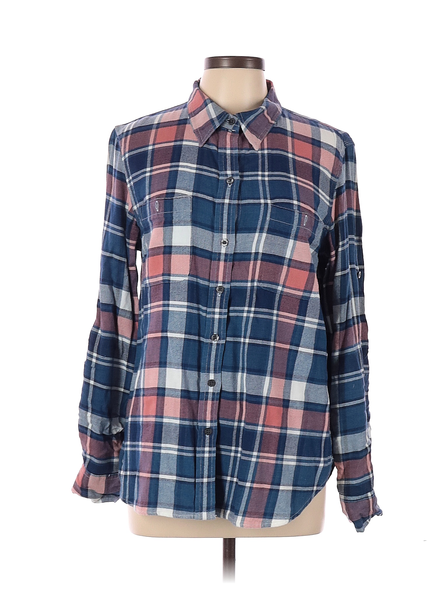 Lauren Jeans Co. 100% Cotton Plaid Blue Long Sleeve Button-Down Shirt ...