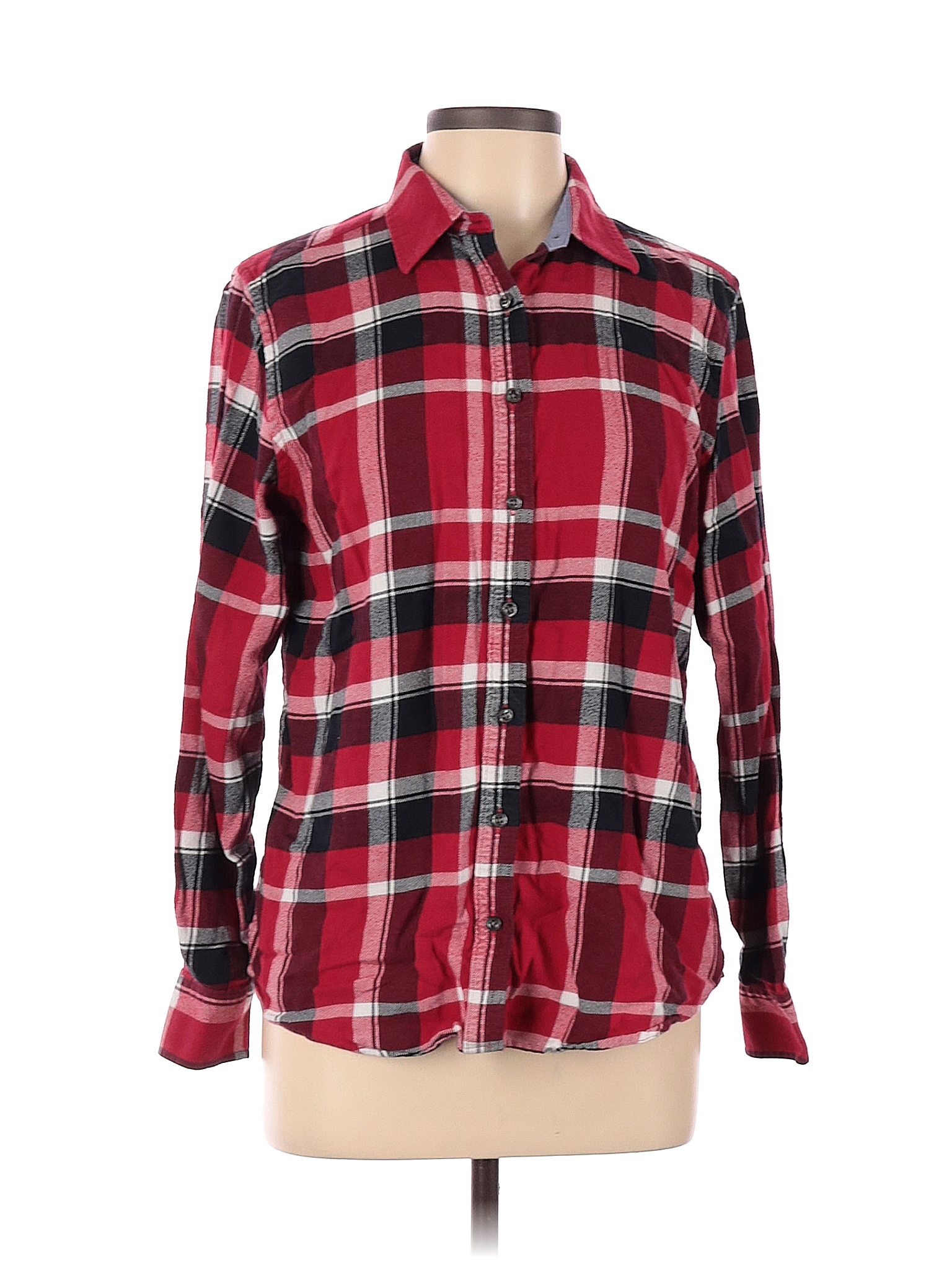 Lands' End 100% Cotton Plaid Colored Burgundy Long Sleeve Button-Down ...