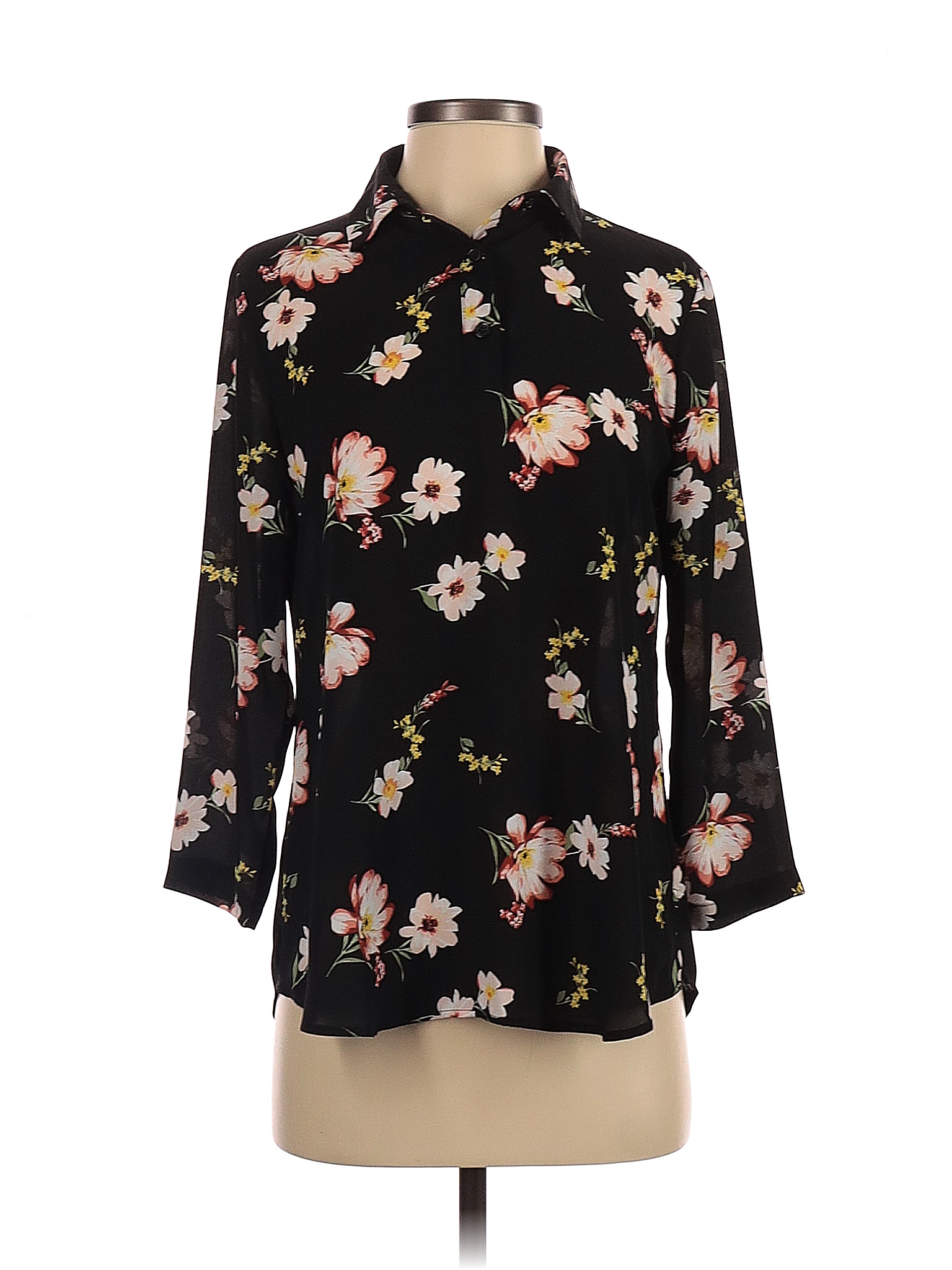 Van Heusen 100% Polyester Floral Black 3/4 Sleeve Blouse Size XS - 89% ...