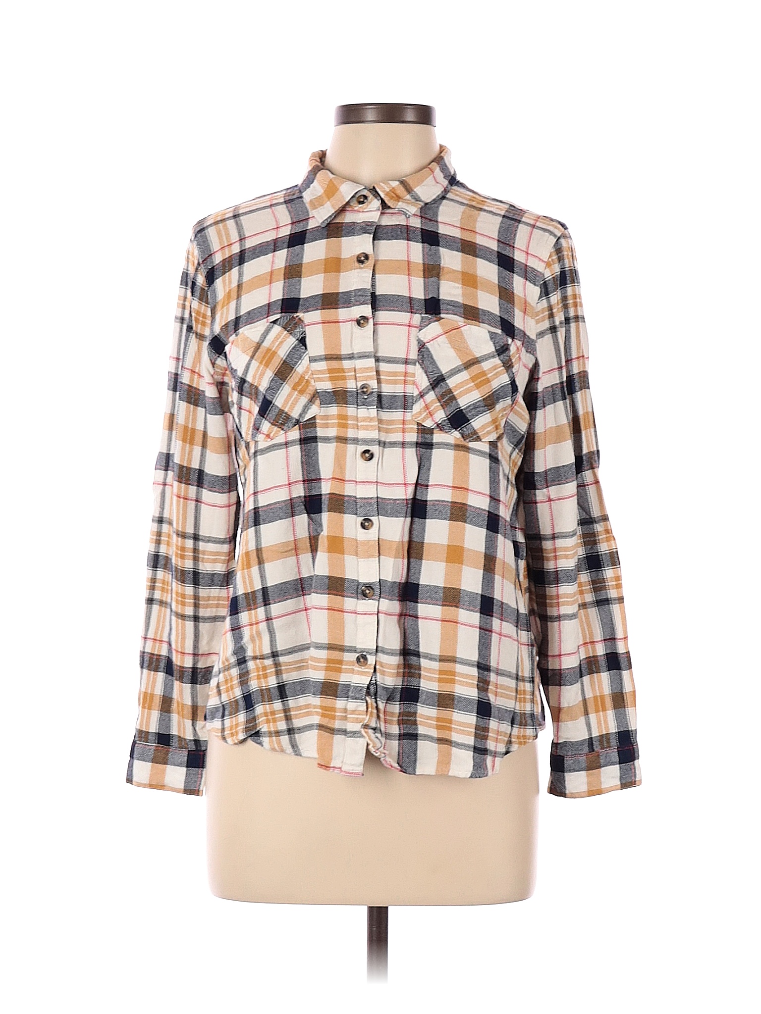 Maurices 100% Rayon Plaid Blue Long Sleeve Button-Down Shirt Size L ...