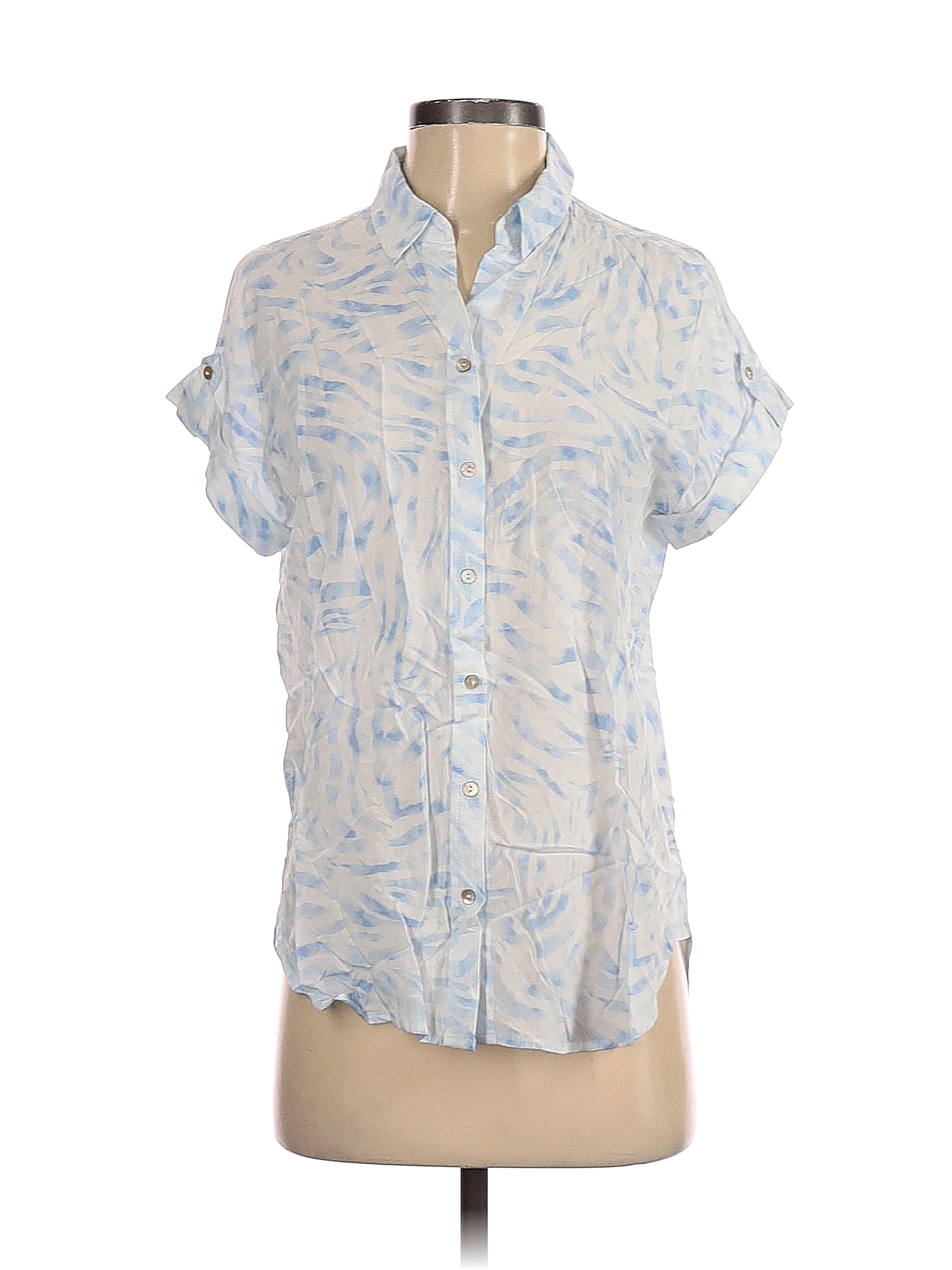 Jane and Delancey 100 Rayon Tropical White Blue Short Sleeve Button