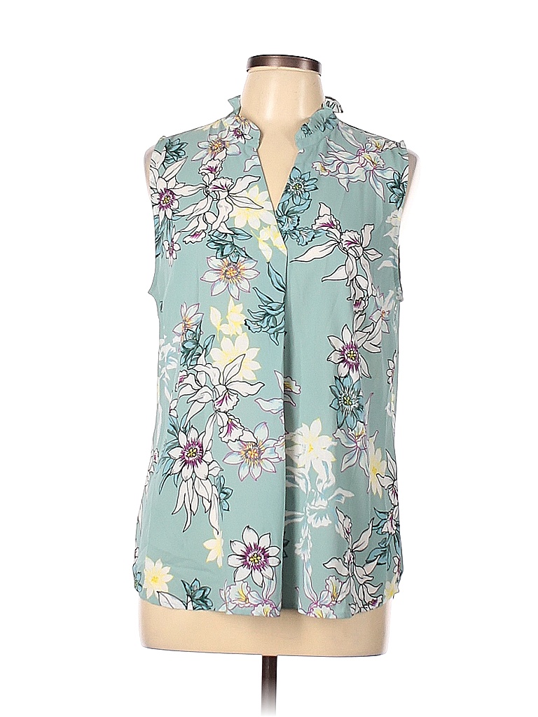 Van Heusen 100% Polyester Floral Blue Sleeveless Blouse Size L - 71% ...