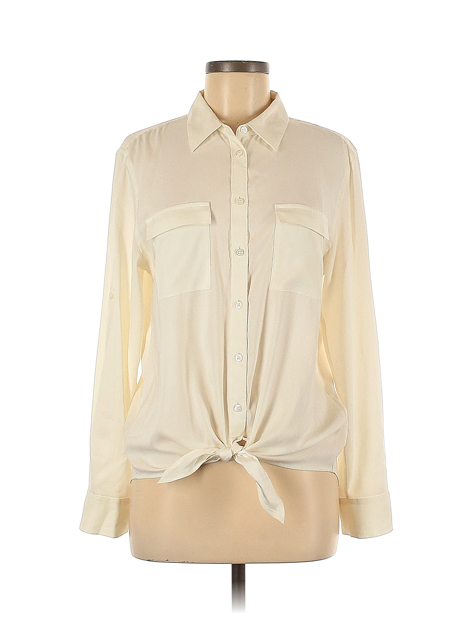 Ann Taylor 100% Polyester Solid Tan Ivory Long Sleeve Blouse Size M ...