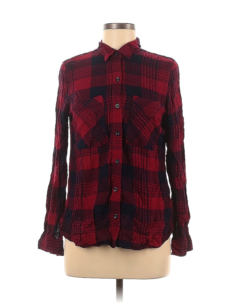Forever 21 100% Rayon Plaid Burgundy Red Long Sleeve Button-Down Shirt Size M - photo 1