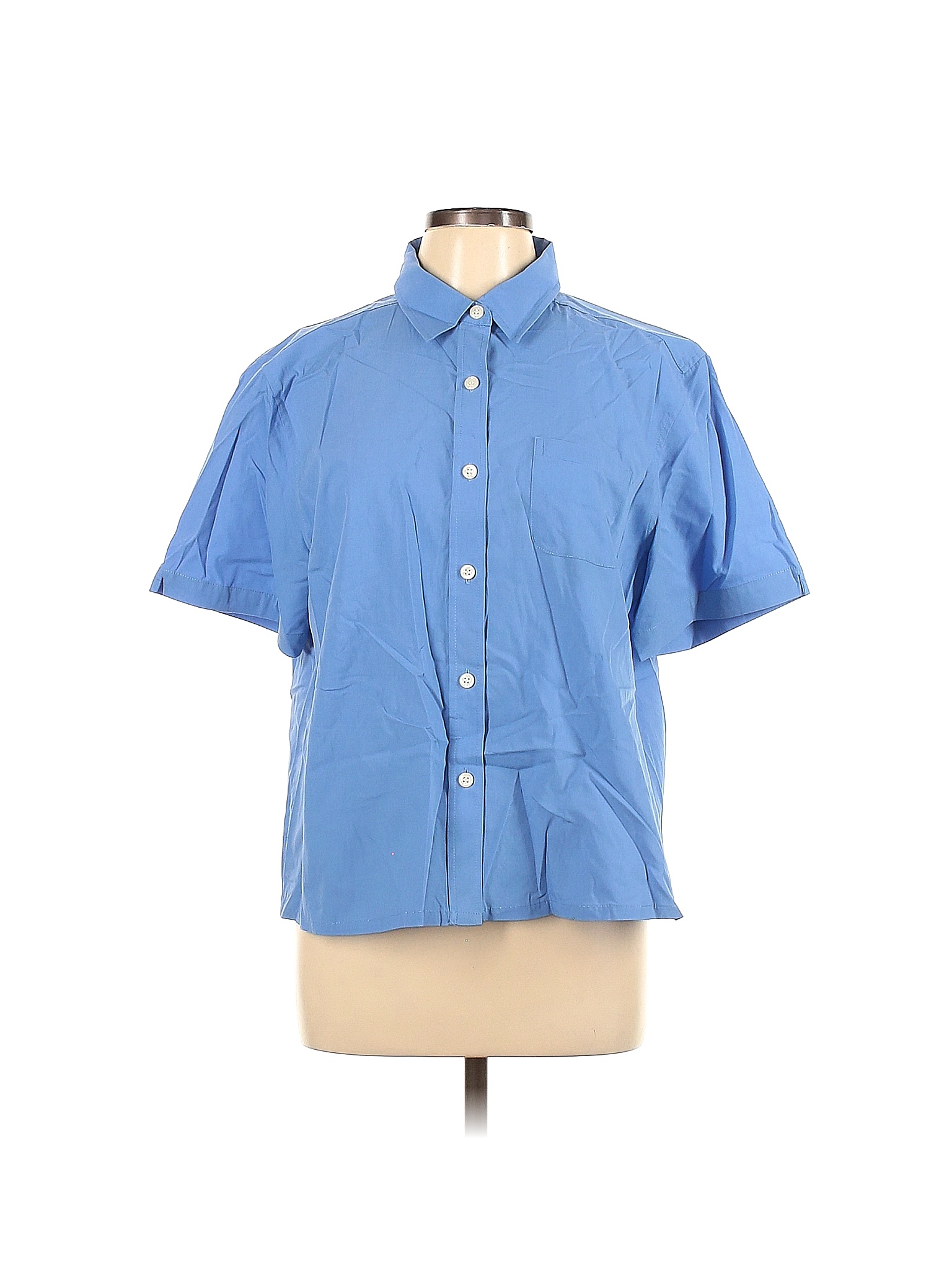 Appleseeds 100% Cotton Solid Blue Short Sleeve Button-Down Shirt Size L ...