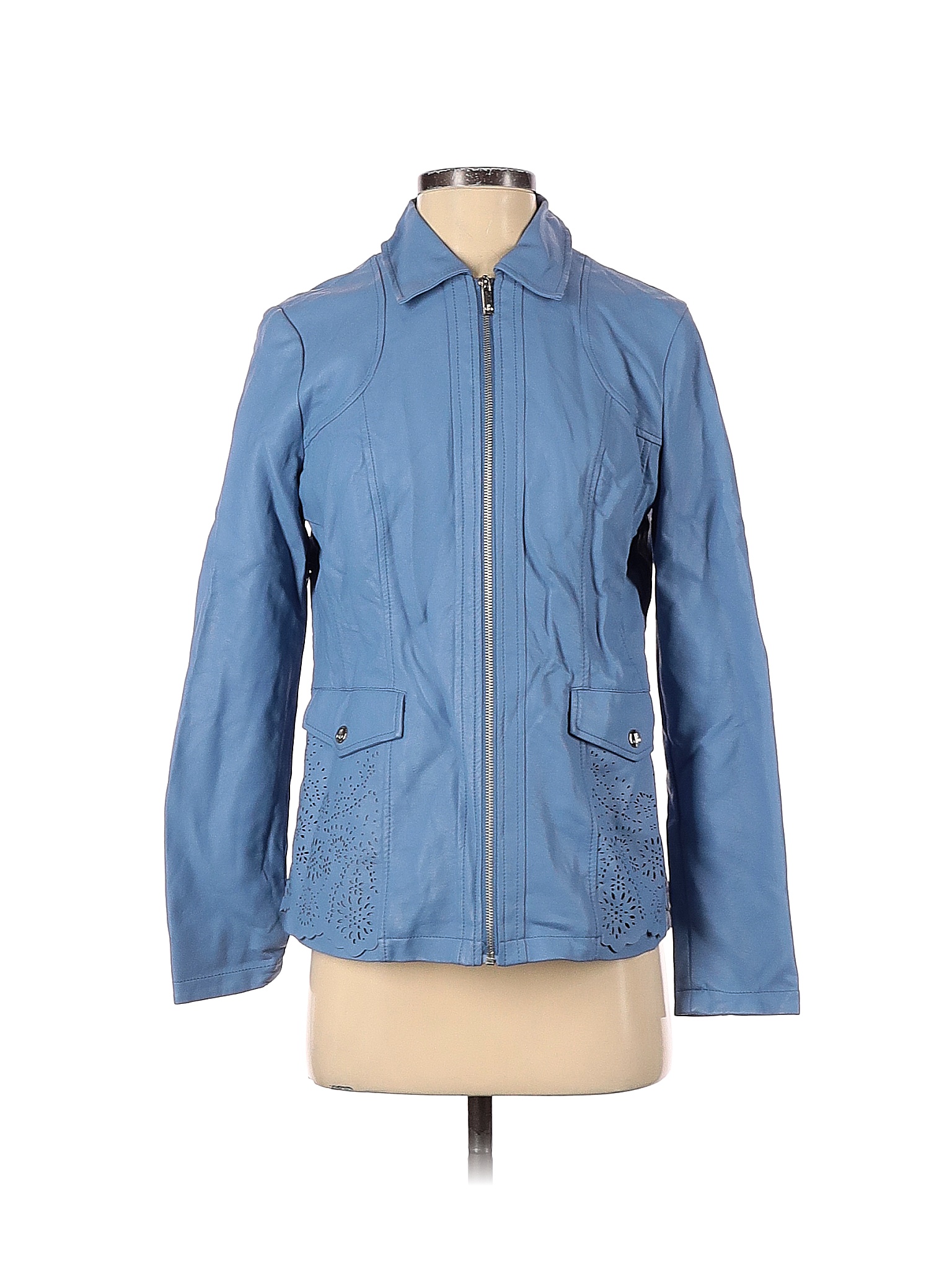 Dennis by Dennis Basso 100% Polyurethane Solid Blue Faux Leather Jacket ...