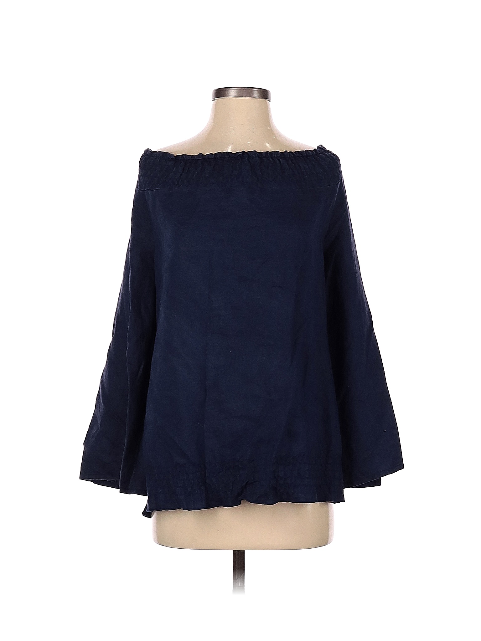 Spiegel 100% Linen Solid Color Block Navy Blue Long Sleeve Blouse Size ...