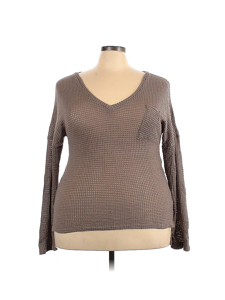 Pre-owned Assorted Brands Thermal Top Tan Plunge Neckline Tops In Brown