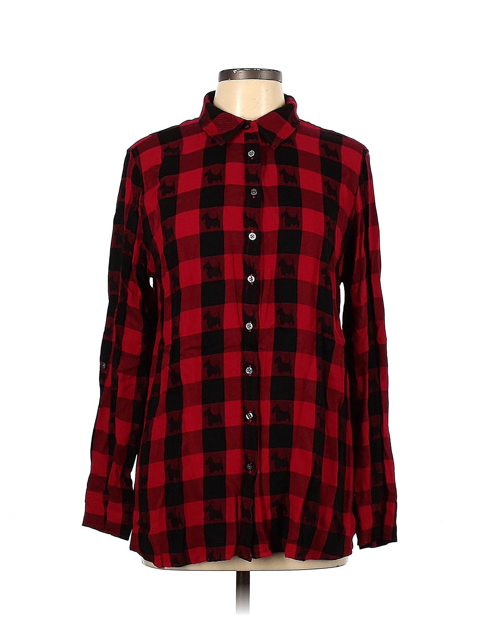 Talbots 100% Rayon Checkered-gingham Red Long Sleeve Button-Down Shirt ...