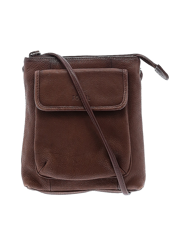 Fossil 100 Leather Solid Brown Leather Crossbody Bag One Size 70