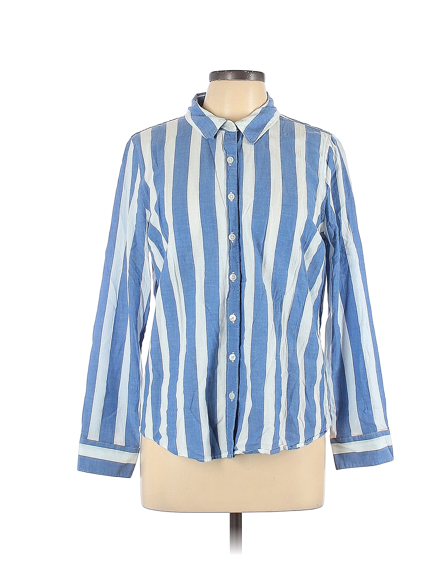 Crown & Ivy 100% Cotton Stripes Colored Blue Long Sleeve Button-Down ...