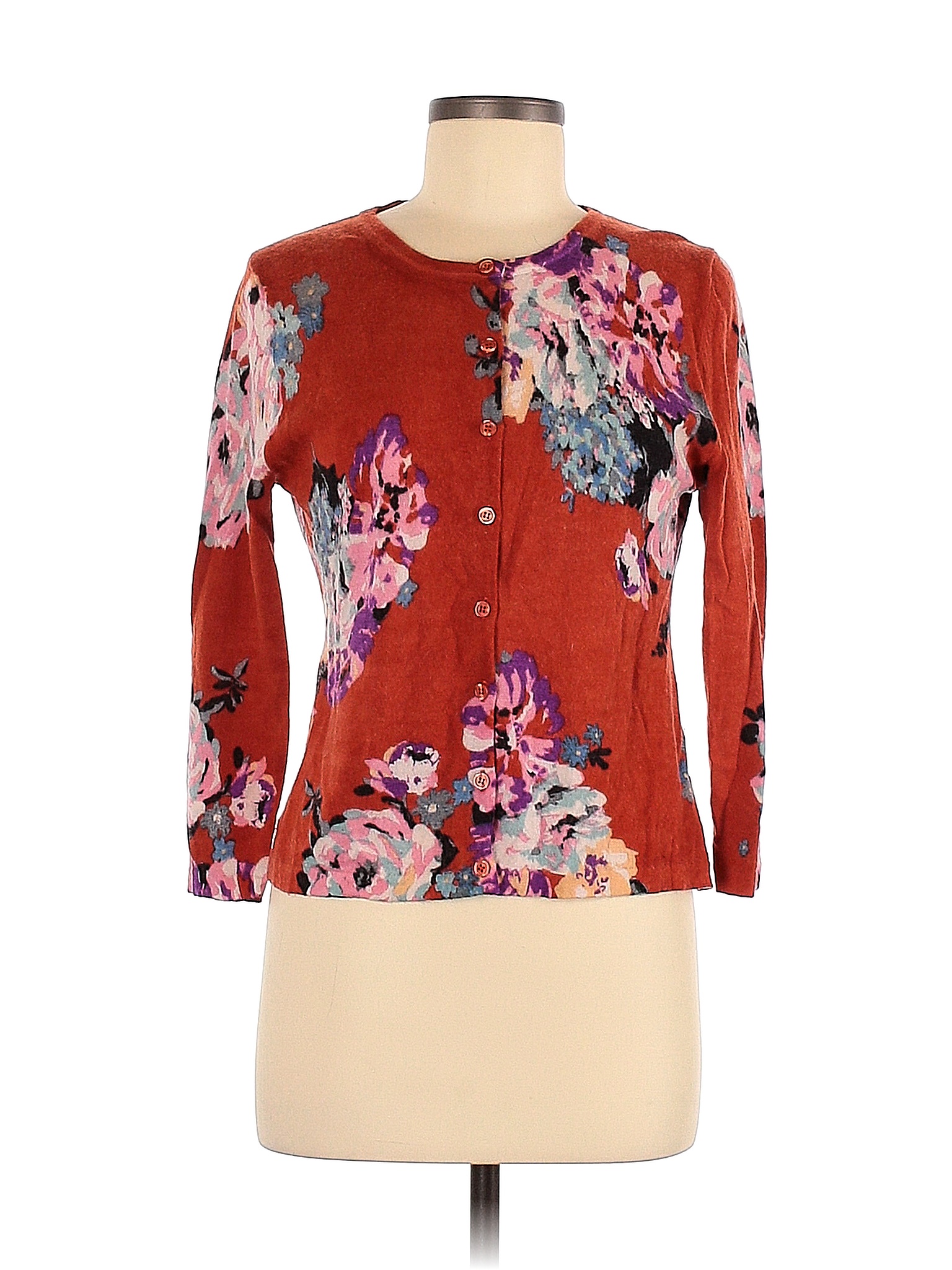 Hill 100 Merino Wool Color Block Floral Orange Wool Cardigan