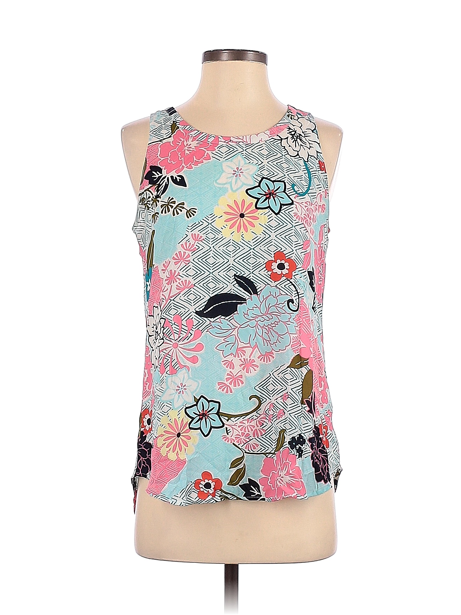 Van Heusen 100% Polyester Floral Blue Sleeveless Blouse Size S - 75% ...