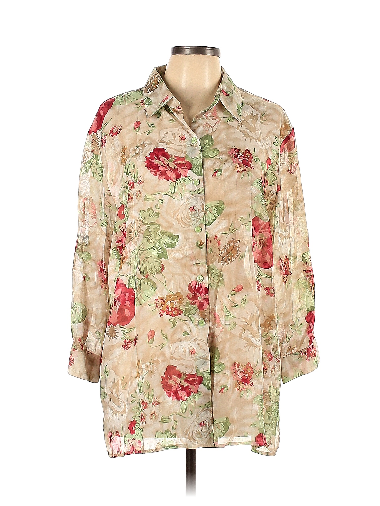 BonWorth 100 Polyester Floral Colored Tan Long Sleeve Blouse Size L