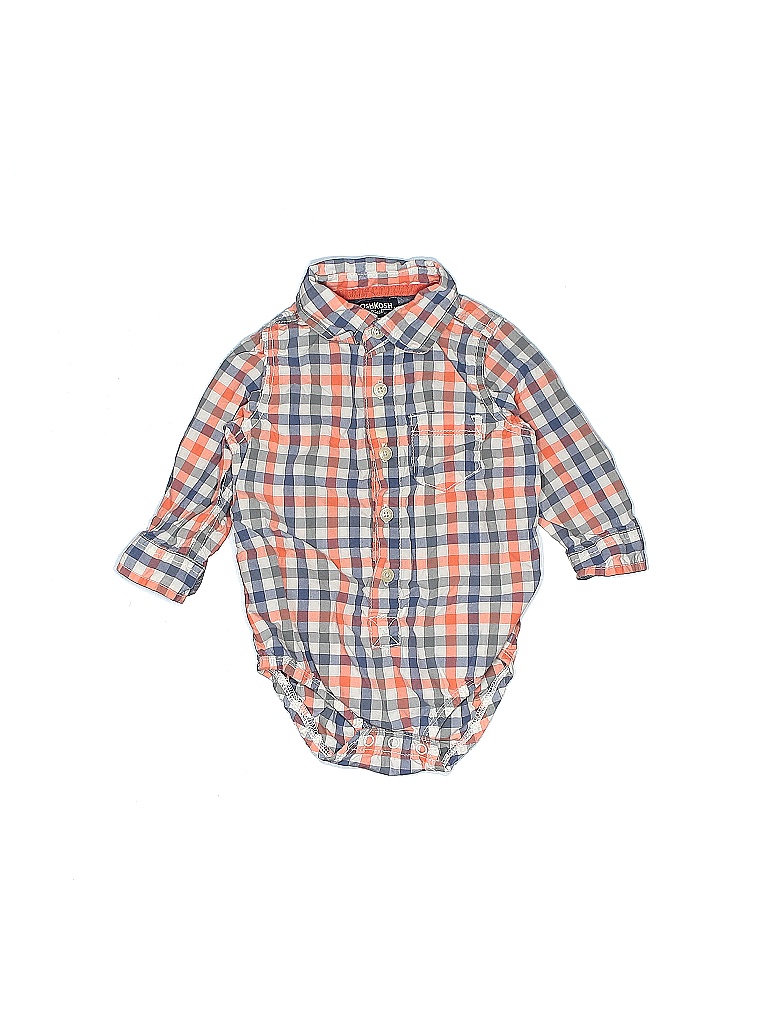 OshKosh B'gosh 100% Cotton Plaid Checkered-gingham Orange Blue Long Sleeve Onesie Size 18 mo - photo 1
